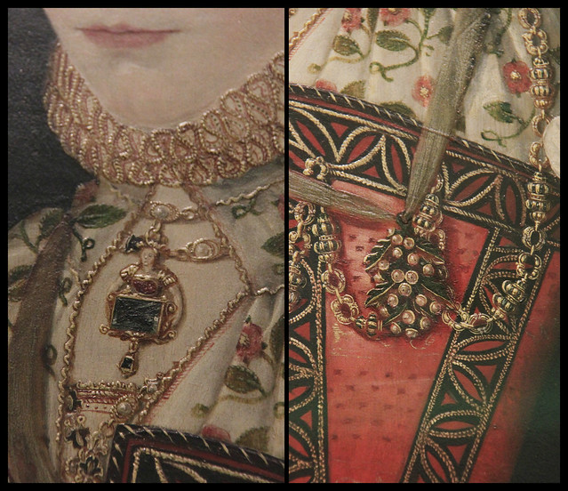 Jewellery detail of A Young Lady Aged 21, British school, 1569