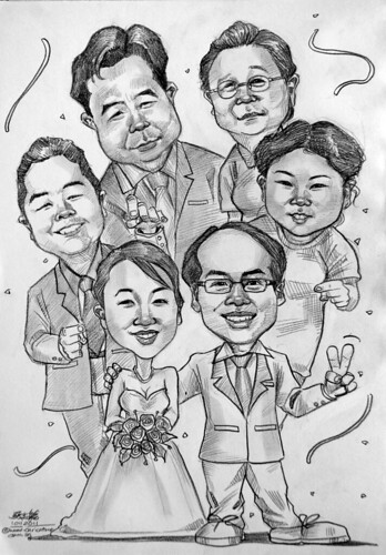 group wedding caricatures in pencil