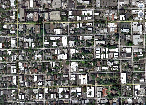 a grid-based neighborhood west of downtown Portland, OR (via Google Earth)