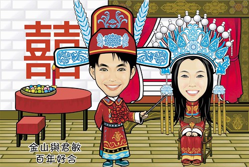 Q-digital couple caricatures -traditional Chinese wedding