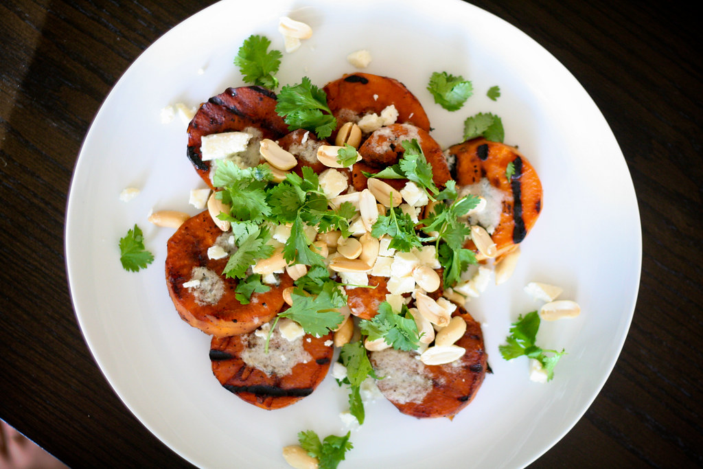 Grilled Sweet Potatoes with Peanut & Lime Tahini Dressing
