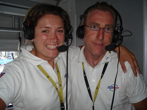 Emma in the commentary box with Sean Kelly. Photo: Cycle Côte d’Azur