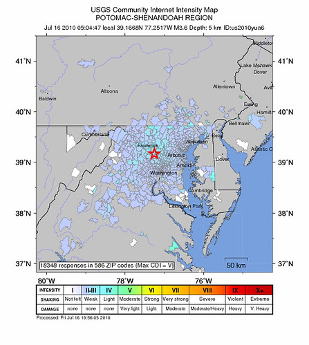Internet Intensity map, DC earthquake 7/16/2010