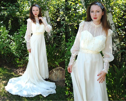Vintage 1970s Ivory Organza Lace Victorian Train Wedding Gown 1