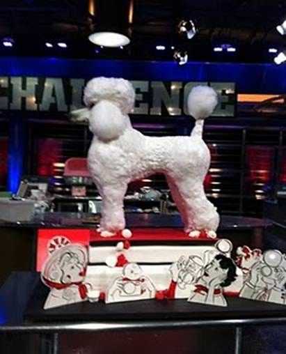 Food Network: Best In Show challenge, four chefs baking life size, 3D dog 