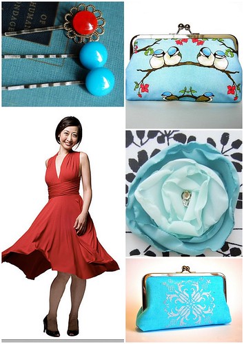 Retro turquoise and red bridesmaid images clockwise from upper left to 