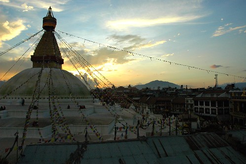 Sunset over The Great Stupa, Jarung Kashor (bya rung kha shor) prayer flags, Boudha, Kathmandu, Nepal by Wonderlane
