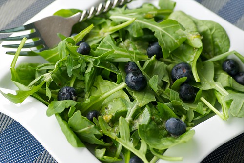 arugula, baby spinach, and blueberry salad
