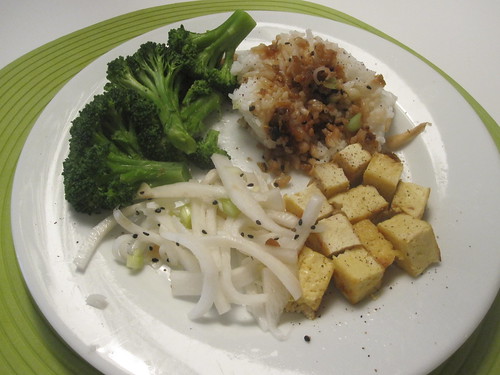 Leftover (tofu, rice daikon salad), broccoli