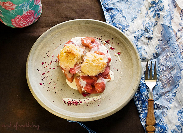 Rose-scented rhubarb and strawberry cobbler