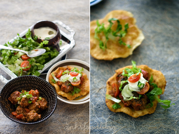 Fry bread taco with Mexican spicy meatballs 