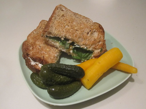 cheese and basil sandwich, carrot, pickles