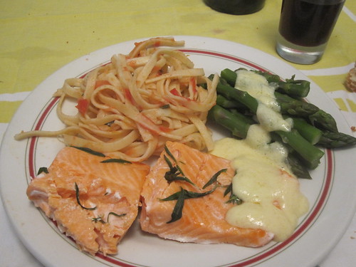 Salmon, pasta with veggies, asparagus with hollandaise at granny's