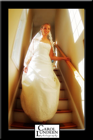 Laura Shannon comes down the stairs, ready for her wedding, Cape Cod