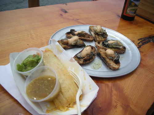 Fresh oysters and tamales for lunch