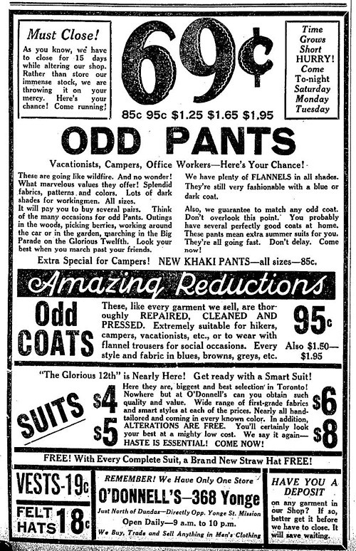 Vintage Ad #1,162: Odd Pants, Get Your Odd Pants! Starting at 69 Cents! Get Your Odd Pants...