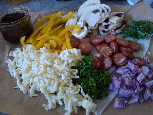 chipotle mushroom pizza with chorizo and fresh herbs