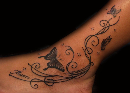 Mum,Butterflys and Girly Swirly Pattern Foot Tattoo by PauloTattoos
