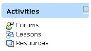 A section of a Moodle screen showing three icons: forums, lessons and resources