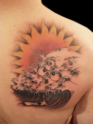 tattoo wave. Japanese wave and sun New