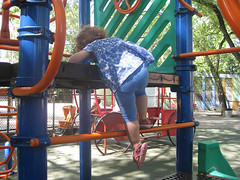 Speck climbs a playground ladder up to the top of a favorite slide