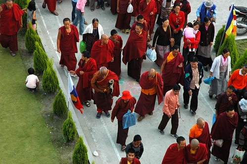 Tibetan Buddhists from above, monks, laity, Lamdre, Tharlam Monastery of Tibetan Buddhism, Boudha, Kathmandu, Nepal by Wonderlane