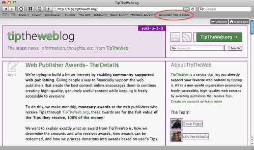 TipTheWeb Blog annotated showing YUI 3 CSS Grids