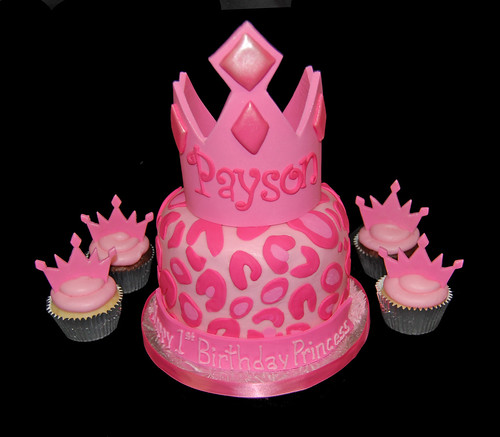Pink cheetah print Princess Tiara first birthday cupcake tower
