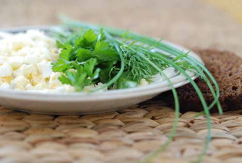 egg, herbs and bread
