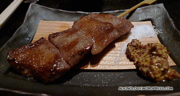 Beef tongue or Gyu-tan, served with mustard and sea salt