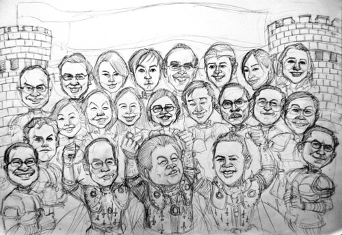Group knight caricatures for PricewaterhouseCoopers - pencil sketch