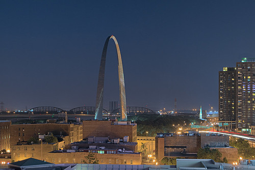 Gateway Arch, view from the Four Seasons Hotel at night, in downtown Saint Louis, Missouri, USA