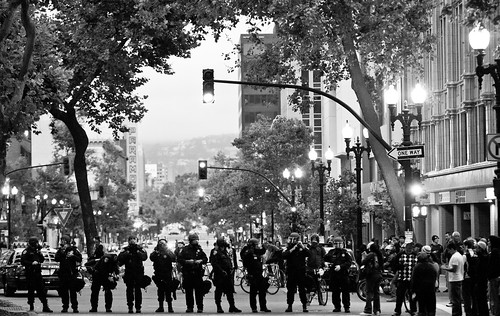 Riot Police Hold Line at 15th and Broadway, Oakland Riots, 2010