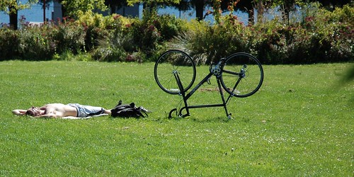 Bike on break, with white sun-tanning guy, Gasworks Park, Cheshiahud Lake Union Loop, Seattle, Washington, USA by Wonderlane