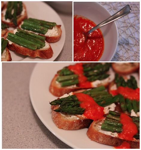 Roasted Asparagus Goat Cheese Crostini with Sweet Red Pepper Sauce
