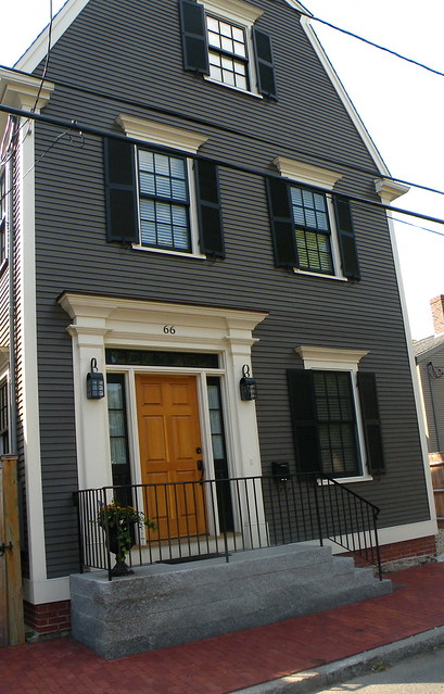 Historic Homes of Newburyport gray house stained wood door