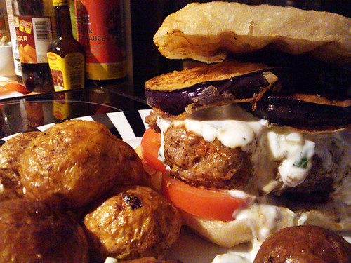 Moussaka Burgers with Fried Aubergine Slices and Tzatzkiki