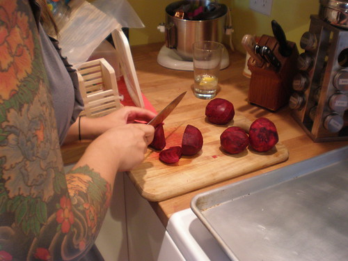 Me cutting the beets for the Beet, Orange and Walnut Salad