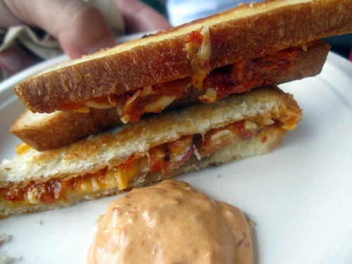gerry klaskala's grilled cheese keaster with roof top dried tomatoes, applewood smoked bacon, &amp; chipotle dipping sauce