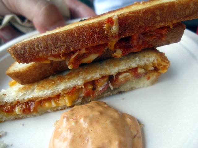 gerry klaskala's grilled cheese keaster with roof top dried tomatoes, applewood smoked bacon, & chipotle dipping sauce