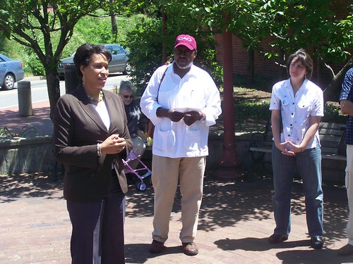 Councilwoman Muriel Bowser speaking at a May 2010 event heralding the completion of the Takoma DC commercial facade improvement project