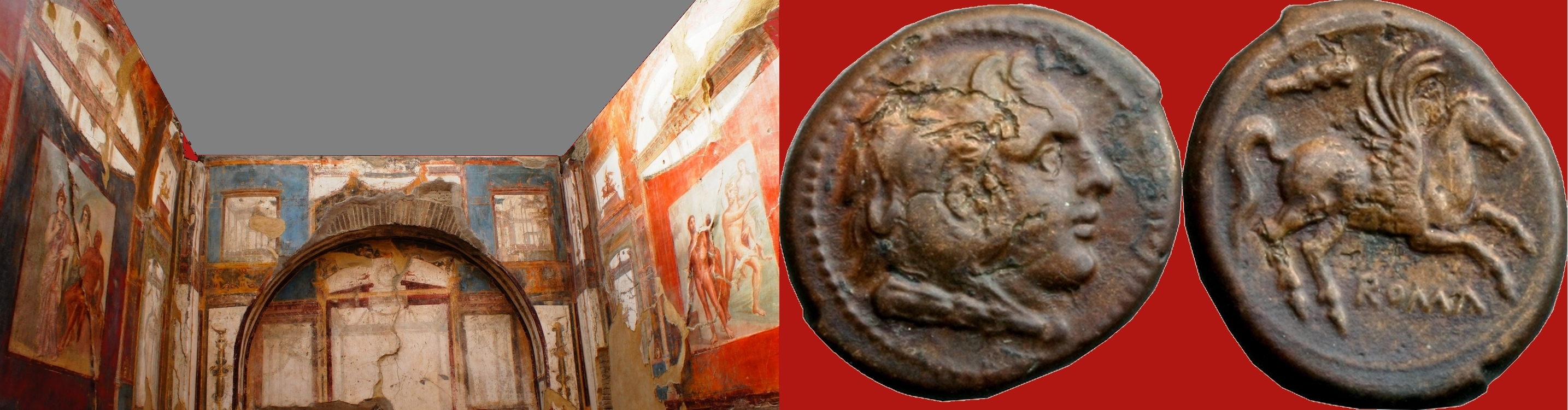 27/3 coin of the Roman Republic 230BC with Hercules, Pegasus and Herculean club, and College of Augustales Herculaneum with frescos of myths of Hercules
