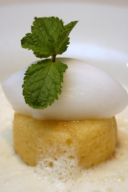 Lavender Pudding - lavender scented bread and butter pudding with pineapple milk foam and coconut sorbet