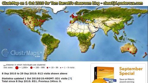 ClustrMap on 1 Oct 2010 for Tom Barrett's classroom blog - class5jd.posterous.com
