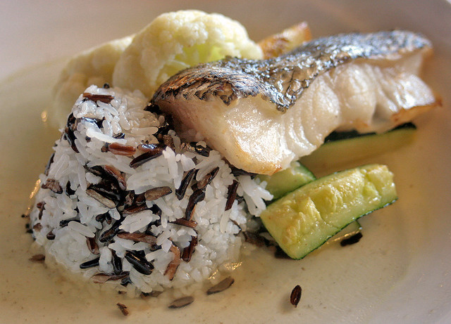 Grilled Cod with Vegetables and Mixed Rice (White and Wild Rice)
