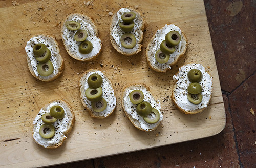 Cream Cheese, Green Olive, and Cracked Pepper Tartines
