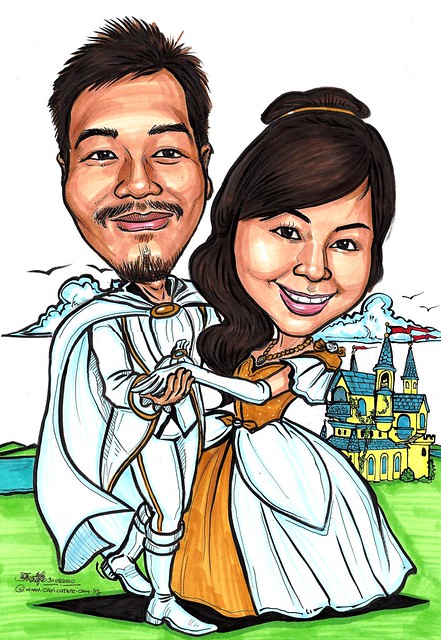 Romantic fairy tale wedding couple caricatures A3