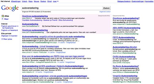 Google zoekresultaten autoverzekering, inclusief Independer.nl