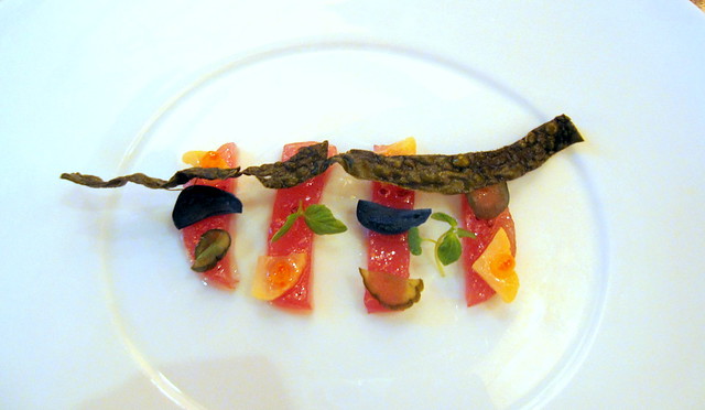 Tuna: Smoked Yellowfin Tuna "Prosciutto"; Japanese Pickled Vegetables and Crispy Kombu