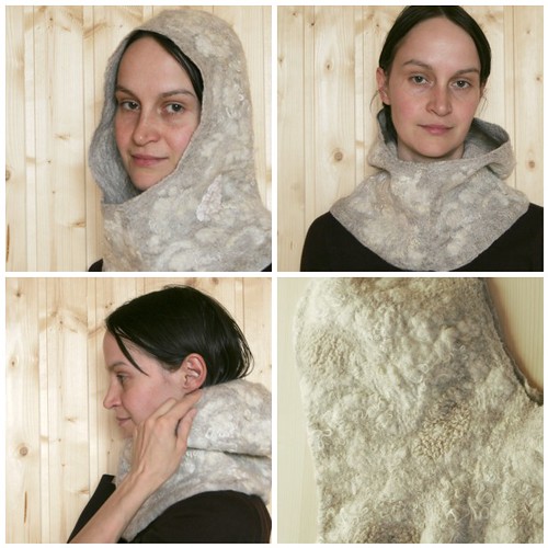cowl, hood, hoodie, scarf, eco-fashion, nuno felted, wool, lace